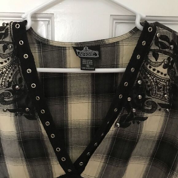 ANGIE Buffalo Checked Peasant Blouse Smock Tops - Picture 2 of 4